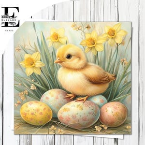Ostern Frühling Küken Karte | Küken mit Narzissen-Blumen personalisierte Spaß-Karte/Poster | Glossy Finish Deluxe High Grade Karte & Poster 420gsm