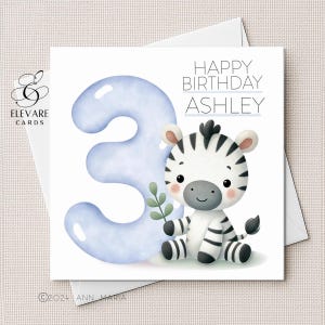 Carte d'anniversaire zèbre pour chambre d'enfant, affiche. Numéro de toute couleur, personnalisé, bébé, tout-petit, enfant, petit-fils, fille. Carte carrée luxe 6 x 6-8 x 8