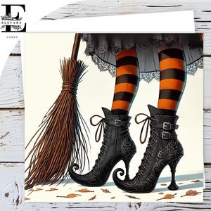Tarjeta en blanco con diseño de piernas de bruja gótica para Halloween, diseño divertido y caprichoso, para felicitación o cumpleaños, acabado brillante, calidad de lujo, 420 g/m², personalizable, 6 x 6, 8 x 8