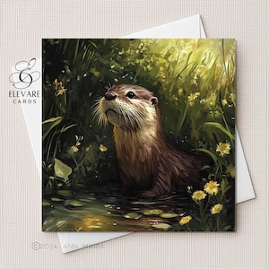 Lontra, Animali Selvatici del Fiume, Biglietto d'Arte / Biglietto Vuoto / Stampa Poster / Qualsiasi Occasione, Personalizzato, Lui / Lei. Qualsiasi Età. Dimensioni 6x6 8x8, 6 5x5 (Scatola)
