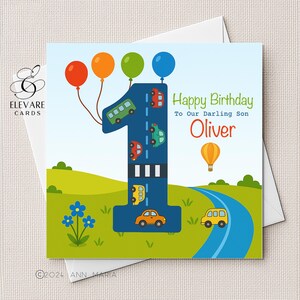 Carte d'anniversaire d'un an | Affiche. Voiture de route numéro 1 et nom personnalisé. Carte pour garçons, filles, fils, fille et petit-fils. Qualité carrée 6x6-8x8