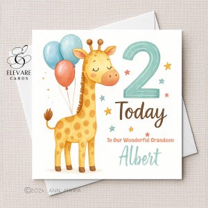 Animaux de pépinière girafe, carte d'anniversaire de tout âge. Personnalisé, bébé, tout-petit, elle lui. Fille, fils, petite-fille. Carré de luxe 6 x 6-8 x 8 po.