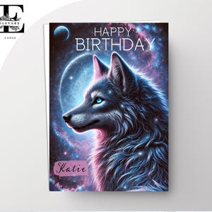 Wunderschöner Wolf, spirituelle Wildtier Geburtstagskarte & Poster | Tochter, Schwester, Nichte. Grußbild Deluxe Individualisierbar A5/A4