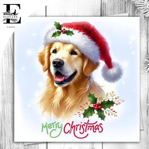 Um cão Golden Retriever usando um chapéu de Natal. Um cartão de Natal divertido para todos os amantes de cães. Ela ou ele. Escolha Personalizar 6x6 8x8,6 5x5 Comprar em massa