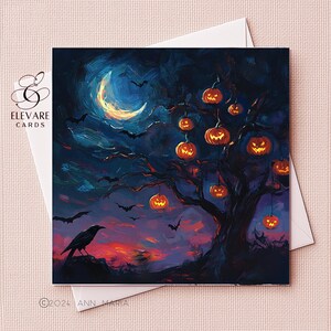 Cartes d'art hanté arbre citrouille joyeux Halloween,cartes de vœux à encadrer automne fantaisiste | Affiche imprimée | 6 x 6 8 x 8 | Brillant de luxe de haute qualité