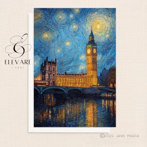 Big Ben e Casas do Parlamento | Cartão Glossy | Pôster: Uma Obra de Arte Reimaginada de Van Gough, Noite Estrelada. Presente, Personalizado - A5/A4