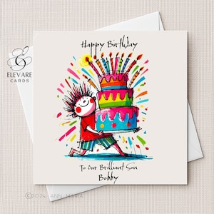 Personalisierte Geburtstagskarte für Jungen, Sohn, Enkel, Bruder, Neffe Illustration Lustige Grafik ein Kindergeburtstag glänzende Oberfläche für jedes Alter