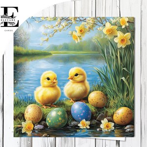 Kaart voor het kuiken van de lente van Pasen | Gepersonaliseerde leuke kaart/poster Chick With Daffodil Flowers | Luxe hoogwaardige kaart en poster met glanzende afwerking 420 gsm