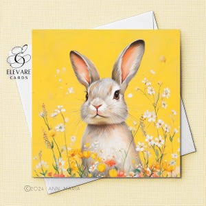 Paashaas, lenteweidekaart | Paashaas met wilde bloemen - gepersonaliseerd - leuke kaart - poster, | Glanzende afwerking, luxe hoogwaardige kwaliteit 420 gsm
