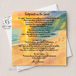 Poema espiritual "Huellas en la arena" / Tarjeta de felicitación y póster brillante / Acabado de lujo de alta calidad. Tamaño del póster: hasta 11,5 x 11,5 pulgadas.