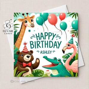Tarjeta de cumpleaños con animales de la selva para guardería. Personalizada para bebé, niño pequeño, niño, ella, él, hija, hijo o nieta. Tarjeta cuadrada de lujo de 15x15-20x20 cm.