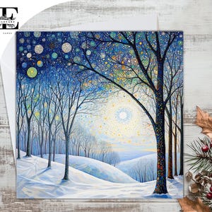 Scène de neige en hiver. Arbres Dans Un Pré. Carte de Noël Snow Oeuvre d'art d'inspiration impressionniste. Choisissez de personnaliser 6 x 6 8 x 8,6 5 x 5 ÉCONOMIES Achat en gros