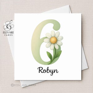 Zes jaar, verjaardagskaart | Affiche. Nummer 6 Daisy-ontwerp en gepersonaliseerde naam voor meisjes, dochter, kleindochter. Hoge kwaliteit m² 6x6-8x8