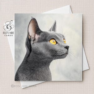 Chat bleu russe | Portrait à l'aquarelle | Carte vierge | affiche | Tous les amoureux des chats. Elle, lui, options personnalisées | Carré 6x6 8x8 11,5X11,5 EN VRAC