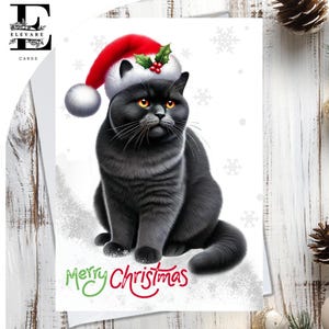 Black Cat Brits Korthaar, Met Een Kerstmuts. Kerstkaart, vrolijk kerstfeest.  Voor kattenliefhebbers van alle leeftijden. Kies 'Aanpassen', A5, 6 x A6