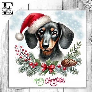 Dachshund Dog usando um chapéu de Natal. Um cartão de Natal divertido para todos os amantes de cães. Ela ou ele. Escolha personalizar 6x6 8x8,6 5x5 Compra em massa.