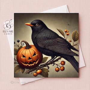 Vintage Happy Halloween Pumpkin & Blackbird Watercolour Autumn Greeting Framable Card | Poster Print | Verse | 6x6 8x8 Deluxe Quality Gloss