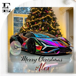 Tarjeta navideña personalizada con diseño de coche deportivo rápido para hombre, padre, hijo, hermano, abuelo, arte de lujo, acabado brillante, 8 x 8, 6 x 6, 5 x 5 pulgadas, compra al por mayor