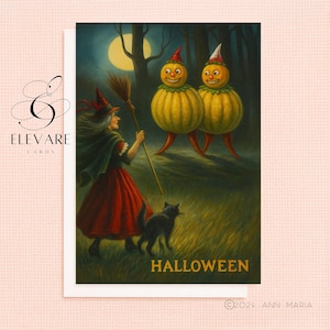 Halloween Vintage | Gato Bruxa da Lua e Abóboras Tweedle | Cartão de Saudações Retro, Peculiar e Caprichoso | Impressão de Pôster | A5 A4 | Brilho de Qualidade Deluxe