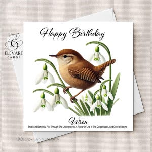 Troglodyte mignon sur perce-neige - Oiseaux sauvages des forêts du Royaume-Uni | Aquarelle, oiseau carte de vœux | Affiche imprimée | Verset | 6 x 6 8 x 8 brillant de qualité de luxe