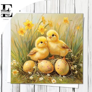 Kaart voor het kuiken van de lente van Pasen | Gepersonaliseerde leuke kaart/poster Chick With Daffodil Flowers | Luxe hoogwaardige kaart en poster met glanzende afwerking 420 gsm