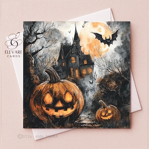 Carte de maison hantée citrouille heureuse d'Halloween |  Carte à encadrer de voeux lunatique d'automne | Affiche imprimée | 6 x 6 8 x 8 | Brillant de luxe de haute qualité