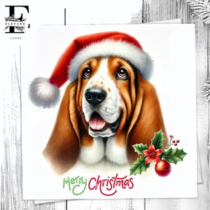 Een Basset Hound-kerstkaart, leuke huisdierenkaart, met kerstmuts. Voor hondenliefhebbers. Zij, hij. Kies om aan te passen 6 x 6 8 x 8,6 5 x 5 In bulk kopen.