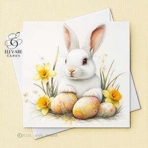 Paaseikonijn, lentekaart | Paashaas met narcissen - gepersonaliseerd - leuke kaart - poster, | Glanzende afwerking, luxe hoogwaardige kwaliteit 420 gsm