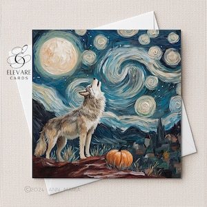 Loup hurlant, carte d'Halloween citrouille, carte de voeux mystérieuse | Impression d'affiche | Options personnalisées de qualité supérieure + en vrac 5 x 5 6 x 6 20 x 20 cm