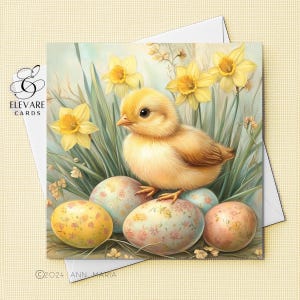 Biglietto di auguri pasquale con pulcino primaverile / Biglietto di auguri personalizzato con pulcino e fiori di narciso / Poster / Carta di alta qualità deluxe con finitura lucida, quadrata, 420 g/m²