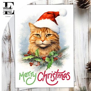Chat tigré roux portant un chapeau de Noël. Joyeux Noël. Une carte de Noël amusante pour les amoureux des chats. Pour tous les âges, choisissez la personnalisation, A5, 6 x A6