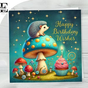 "Grußkarte ""Happy Birthday Wishes, Mushrooms & A Hedgegog"" - wunderliche Grußkarte - Mama, Schwester, Enkelin 6x6, 8x8" Glossy Finish Deluxe 420gsm."