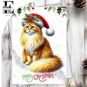Gato de pelo longo branco e ruivo usando um chapéu de Natal. Feliz Natal. Um cartão de Natal divertido para amantes de gatos. Escolha personalizar, A5, 6x A6