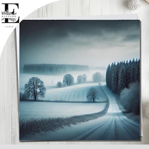 Winter Wonderland English Countryside Meadow Road Scene, Christmas Card Snow Vintage Artwork. Blank Card, Choose Custom 6x6 8x8,6 5x5 Bulk