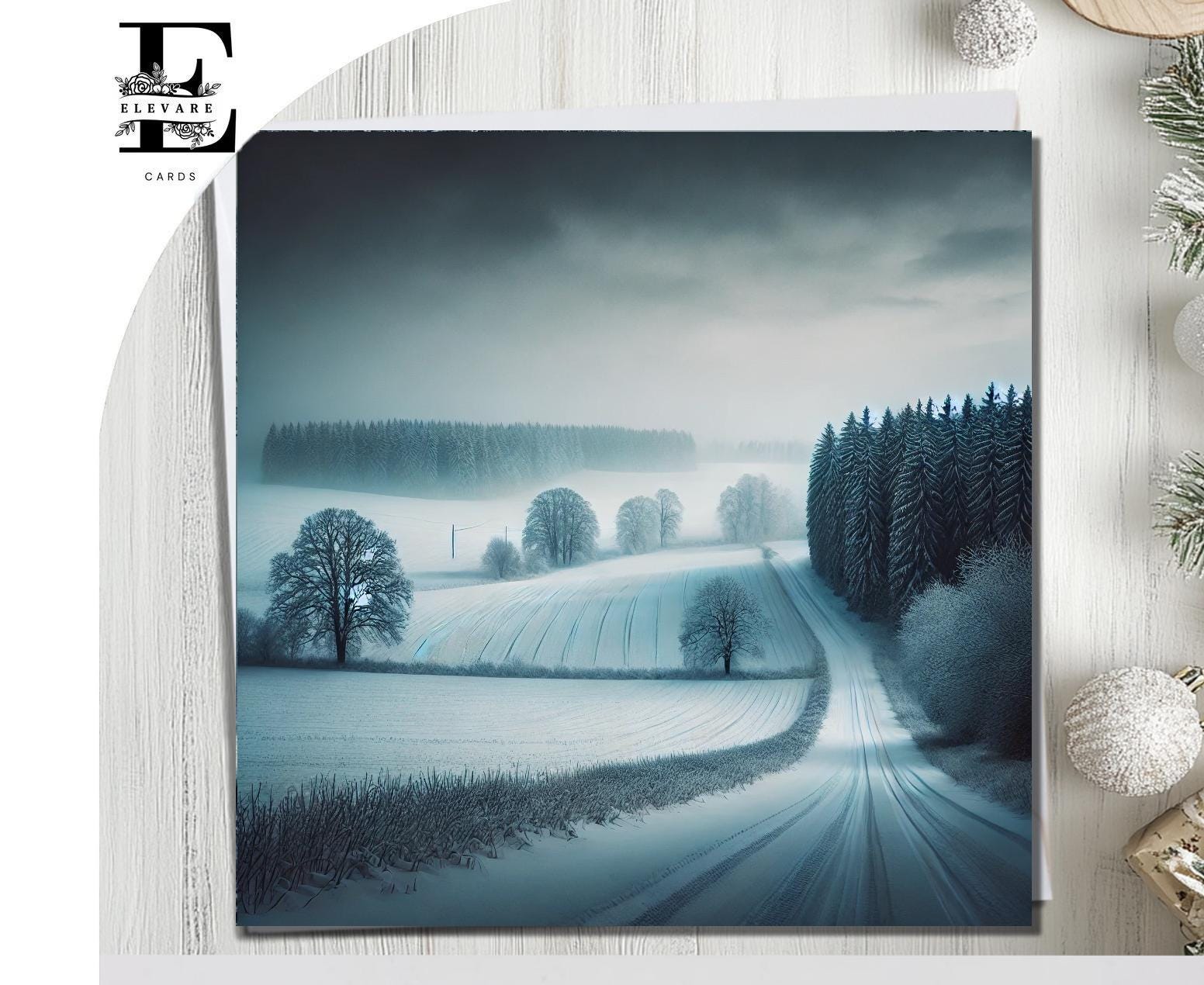 Winter Wonderland English Countryside Meadow Road Scene, Christmas Card Snow Vintage Artwork. Blank Card, Choose Custom 6x6 8x8,6 5x5 Bulk