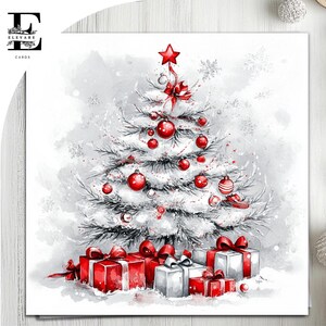 Sapin de Noël, carte de Noël, oeuvre d'art de Noël rouge et blanche. Toutes les salutations. Choisissez, personnalisez, recto, carte intérieure 6 x 6 8 x 8,6 5 x 5 ÉCONOMIES en vrac