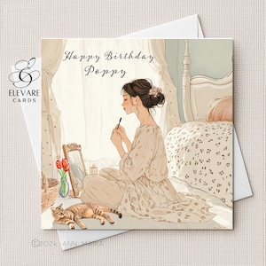 Carte d'anniversaire à thème Croquis d'une jeune femme qui se maquille | Poster, fille, petite-fille, soeur, amie 6 x 6,8 x 8 haute qualité de luxe 420 gsm