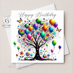 Ballonbaum, alles Gute zum Geburtstag, bunte Karte für alle. Personalisierter Flachdruck, wählen Sie 6x6 oder 8x8 "Glossy Finish Deluxe High Grade 420gsm