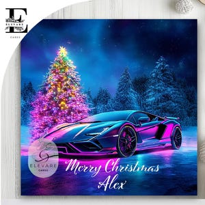 Gepersonaliseerde snelle sportwagen, kerstkaart voor mannen, vader zoon broer opa, luxe kunst, glanzende afwerking 8 x 8, 6 x 6, 5 x 5 inch Bulkkoop