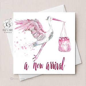 Neue Baby Storch Karte | Poster Baby Girl | Rosa Farben. Personalisiert werden | Kinderzimmer Illustration Luxus Qualität Finish Sq. 6x6 8x8"