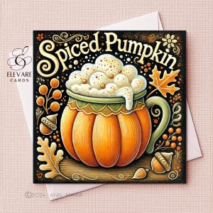Halloween Spiced Pumpkin Card, Quirky & Whimsical, Funky Autumn Greeting Framable Card | Poster Print | 6x6 8x8 | Deluxe High Quality Gloss