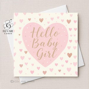 Nouvelle carte bébé | affiche Bonjour BÉBÉ | Couleurs roses. Bébé fille personnalisable | Illustration mignonne de chambre d'enfant | Finition de luxe 6 x 6 8 x 8 po.