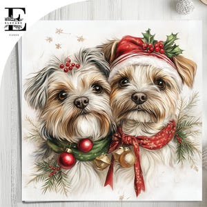 Paire de cartes de Noël de chiens de terrier, chien mignon de carte d'animal familier coiffé d'un bonnet de Noel. Amoureux des chiens, lui, elle, choisissez à personnaliser 6 x 6 8 x 8,6 5 x 5 Achat en gros