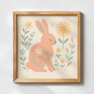 Poster et carte scandinave de lapin printanier | Art populaire mural pour chambre d'enfant | Décoration pour enfants | Parfait pour les cartes de qualité encadrées pour une chambre d'enfant ou une chambre d'enfant
