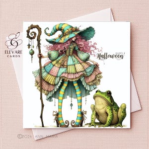 Strega funky di Halloween, scopa e rospo, eccentrico, bizzarro, biglietto d'auguri incorniciabile / stampa poster / 6x6 8 x 8 pollici, lucido di alta qualità deluxe