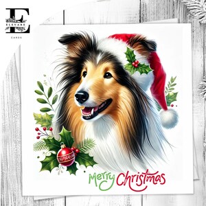 Une carte de Noël pour chien colley, une jolie carte pour animal de compagnie, un chien coiffé d'un bonnet de noel. Amateurs de chiens, lui ou elle, choisissez de personnaliser l'achat en gros 6 x 6 8 x 8,6 5 x 5.