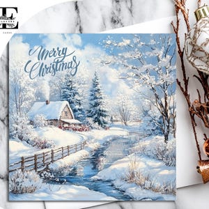 Winter, Schnee, Szene, Dorf, Kirche, Auf, Verschneit, Straße. Traditionelle Weihnachtskarte mit Schneebedeckter Szene. Wählen Sie zum Anpassen 6x6 8x8,6 5x5 SAVE Massenkauf