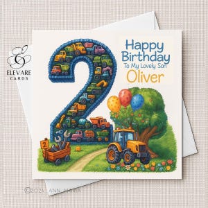 Carte d'anniversaire de tracteur agricole de deux ans | Poster. Carte personnalisée pour tout-petits et garçons.  Fils, petit-fils, frère, neveu. Carré de haute qualité 6x6-8x8