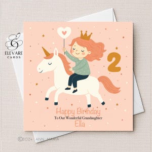 Age Two, Choose Any Age Card | Poster. Unicorn Design & Personalised Name For Girls, Daughter, Granddaughter. High Quality Sq. 6x6-8x8
