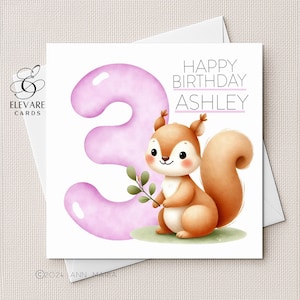 Tarjeta de cumpleaños de ardilla para guardería, póster. Cualquier número de color, personalizada para bebé, niño pequeño, hijo, nieto, hija. Cuadrado de lujo de 15x15-20x20 cm.